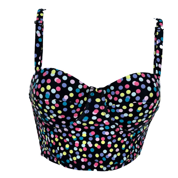 Bikini Top Confetti Print Contoured in Black with Multi Color Polka Dot Size S - Picture 1 of 8